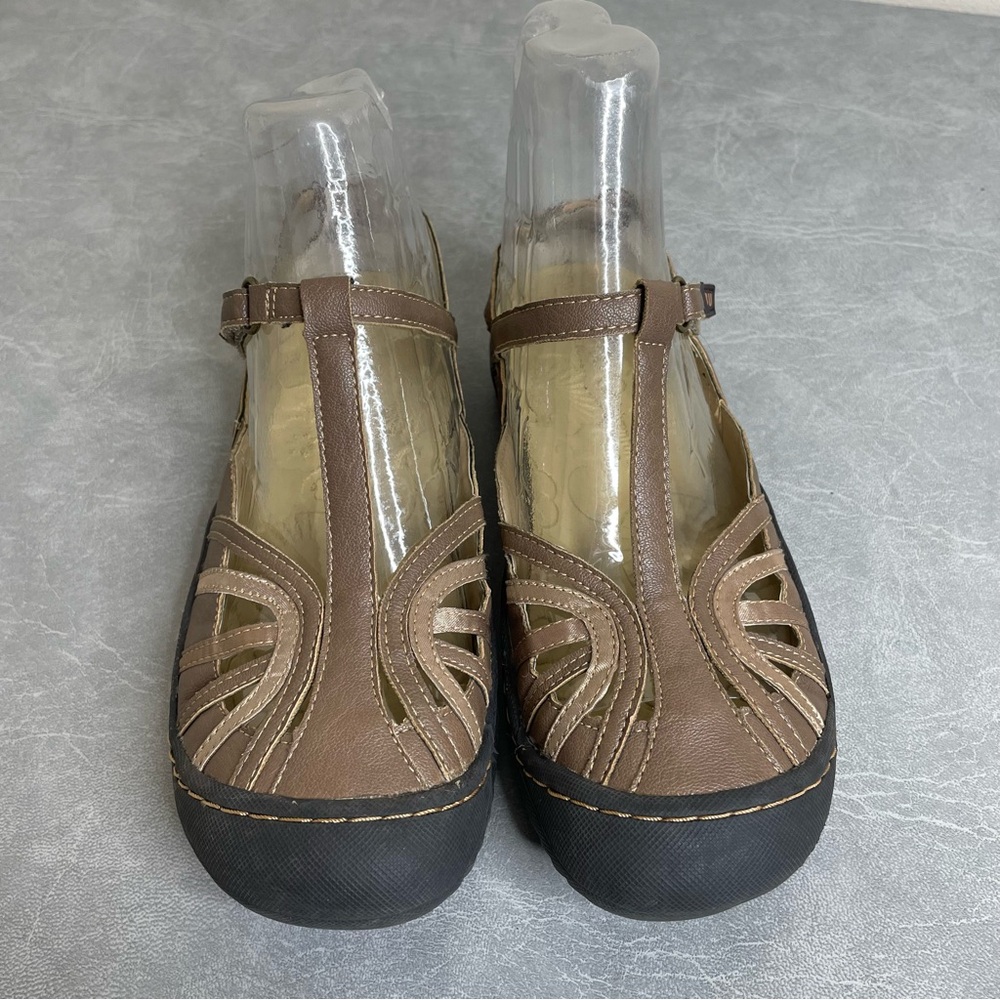 JBU Dark Tan and Gold “Drift” T-Strap Vegan Leather Women's Flats/Walking Shoes